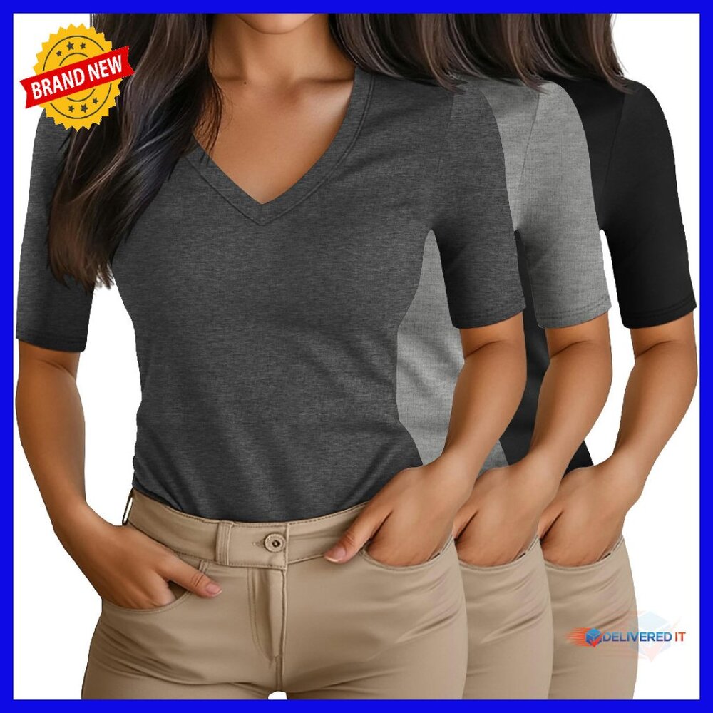 3 Pack Slim Fit V-Neck Half Sleeve T-Shirts Cotton Blend Tunic Tops